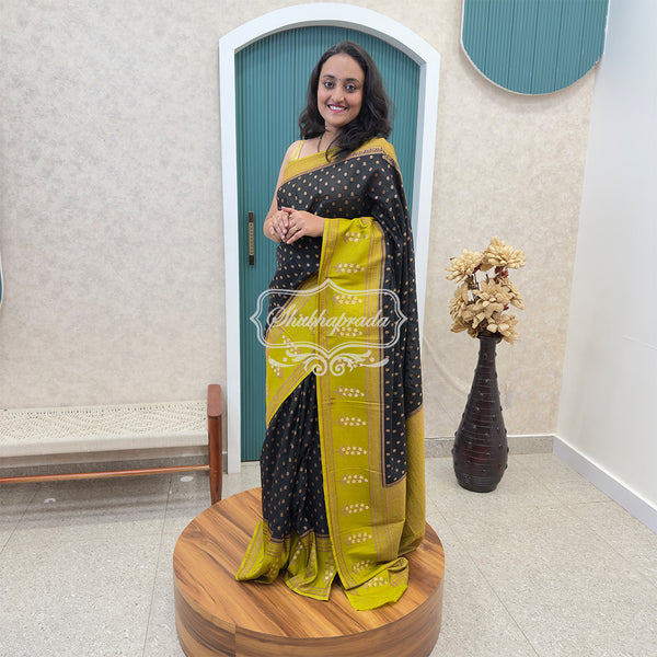 Black & Olive Rich Buti Premium Khaddi Georgette Banarasi Saree