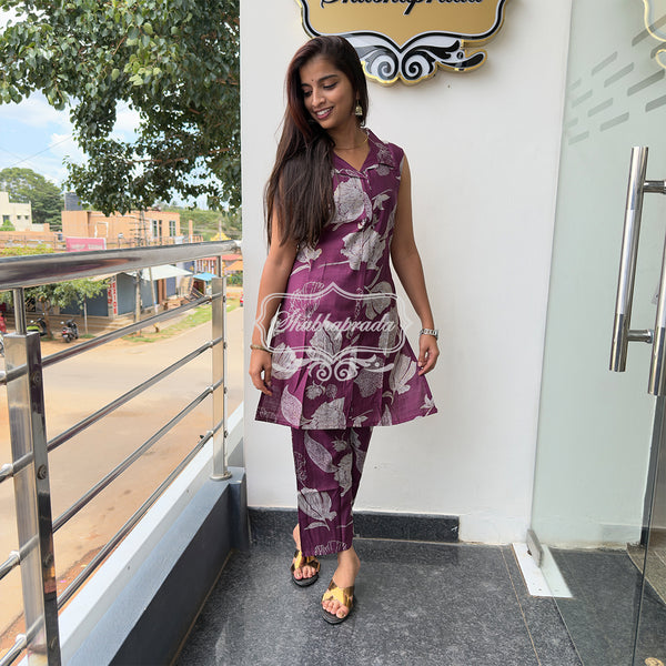 White Floral Design Purple Rayon Co-ord Set