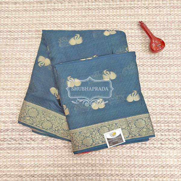 Cobalt Blue Premium Chiffon Saree with Golden Swan Weaving Design