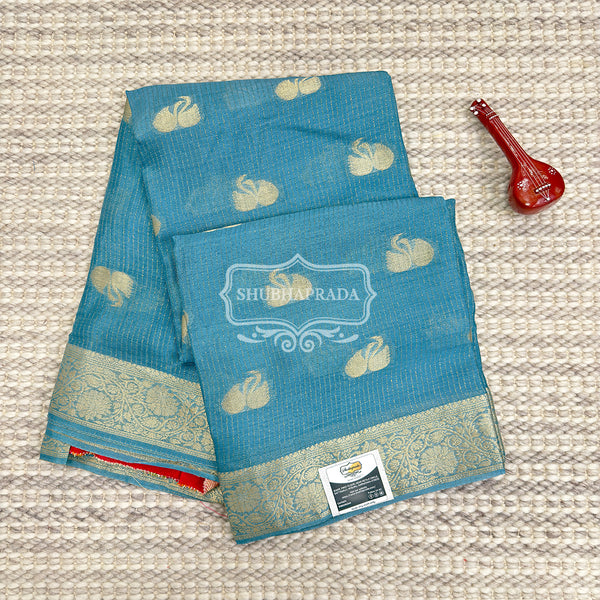 Sky Blue Premium Chiffon Saree with Golden Swan Weaving Design