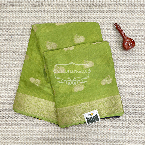 Parrot Green Premium Chiffon Saree with Golden Swan Weaving Design