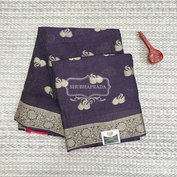Dark Purple Premium Chiffon Saree with Golden Swan Weaving Design