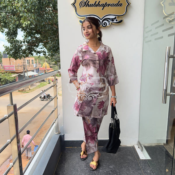Multicolor Floral Design White Rayon Co-ord Set