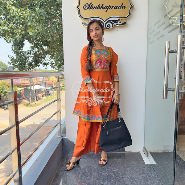 Blaze Orange Hand Embroidered with Sequins Work Muslin Suit Set