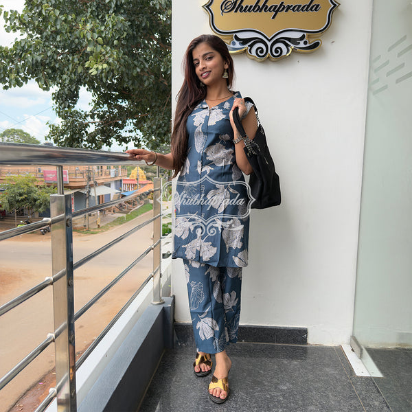 White Floral Design Navy Teal Rayon Co-ord Set