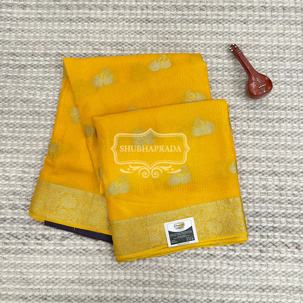 Yellow Premium Chiffon Saree with Golden Swan Weaving Design