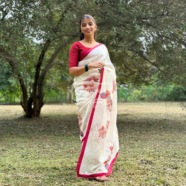 Elegant White Floral Design Satin Blend Saree