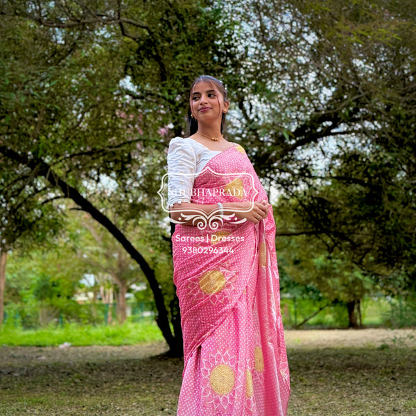 Elegant Pink Bandhani Floral Design Satin Blend Saree