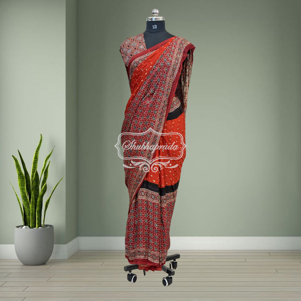 Handloom Pure Bandini Ajrakh Modal Silk Saree
