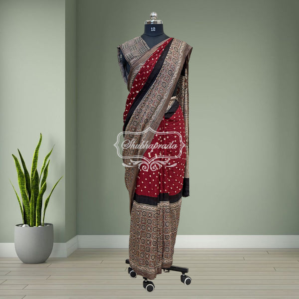 Handloom Pure Bandini Ajrakh Modal Silk Saree
