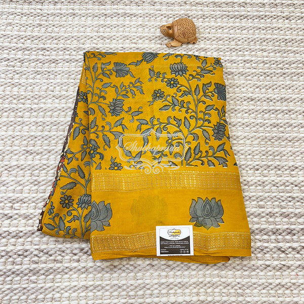 On Demand Light Weight Floral Design Yellow Chiffon Saree