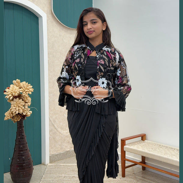 Black Floral Flared One Minute Ready to Wear Satin Blend Saree with Sequins, Beads Work Jacket