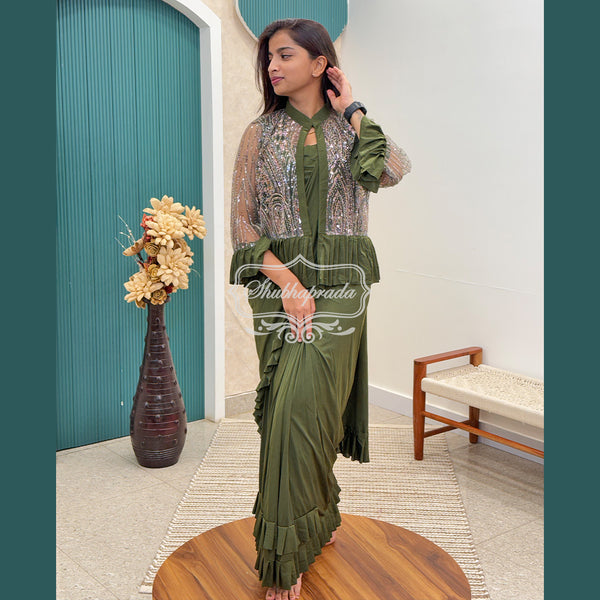 Pine Green Flared One Minute Ready to Wear Satin Blend Saree with Sequins, Beads Work Jacket