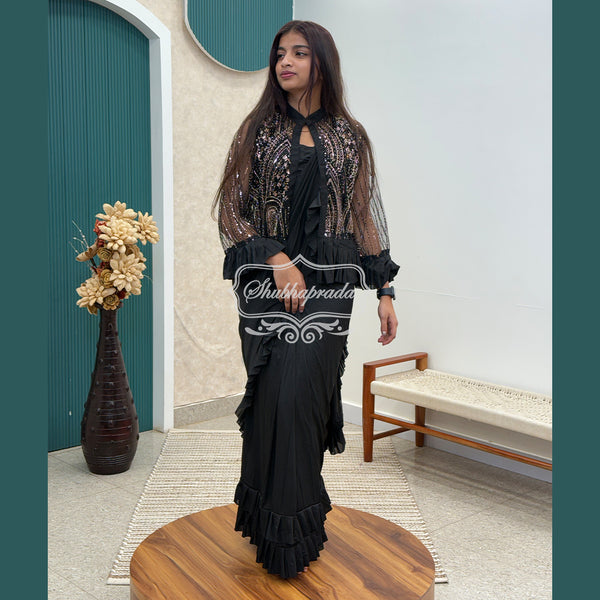 Black Flared One Minute Ready to Wear Satin Blend Saree with Sequins, Beads Work Jacket