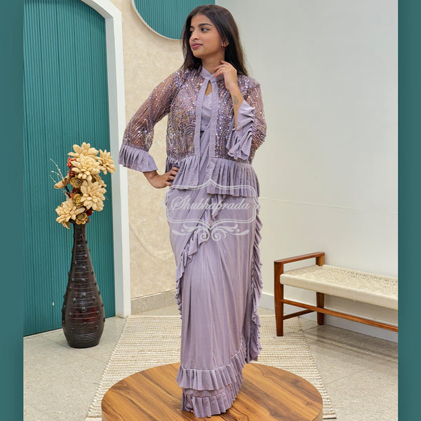 Purple Flared One Minute Ready to Wear Satin Blend Saree with Sequins, Beads Work Jacket