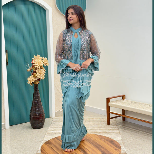 Turquoise Blue Flared One Minute Ready to Wear Satin Blend Saree with Sequins, Beads Work Jacket