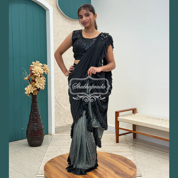 Black & Light Blue Sequins Flared One Minute Ready to Wear Satin Blend Saree