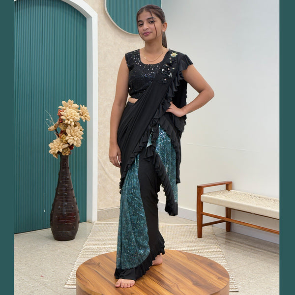 Black & Turquoise Sequins Flared One Minute Ready to Wear Satin Blend Saree