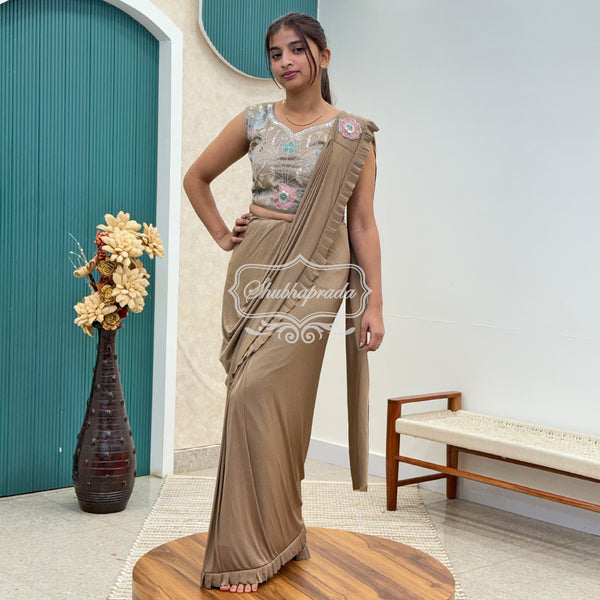 Biscuit Brown Flared One Minute Ready to Wear Satin Blend Saree