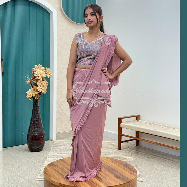 Rose Gold Flared One Minute Ready to Wear Satin Blend Saree