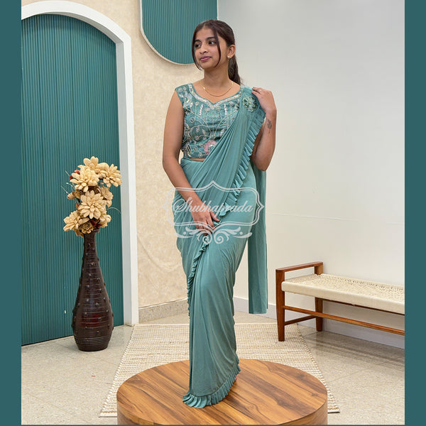 Turquoise Blue Flared One Minute Ready to Wear Satin Blend Saree