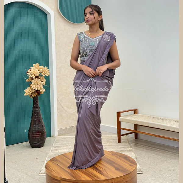 Floral Purple Flared One Minute Ready to Wear Satin Blend Saree