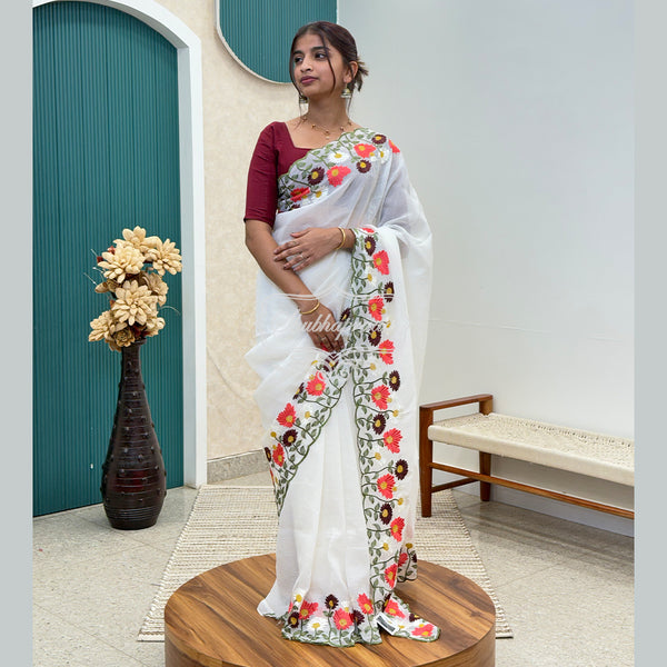 Beautiful White Crush Paper Silk Organza with Floral Embroidery Border Saree