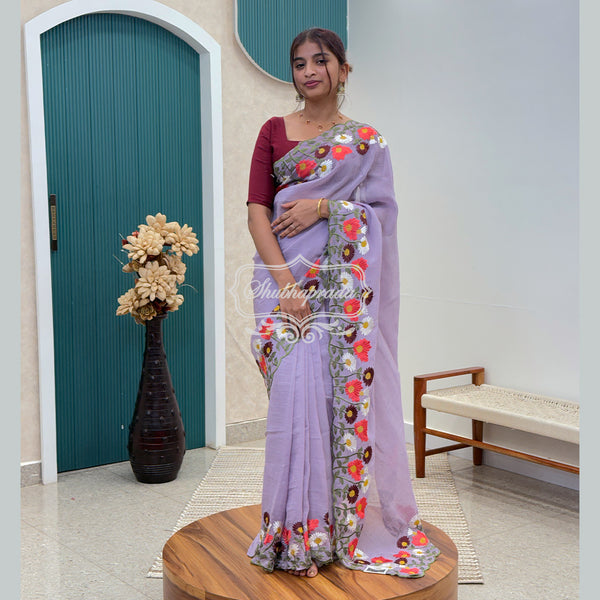Beautiful Lavender  Crush Paper Silk Organza with Floral Embroidery Border Saree