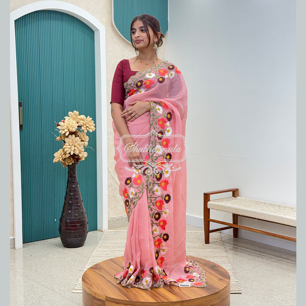 Beautiful Pink Crush Paper Silk Organza with Floral Embroidery Border Saree