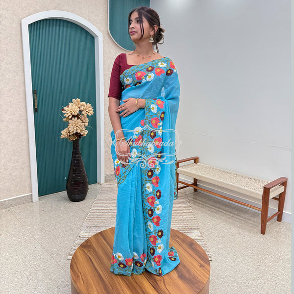 Beautiful Sky Blue Crush Paper Silk Organza with Floral Embroidery Border Saree