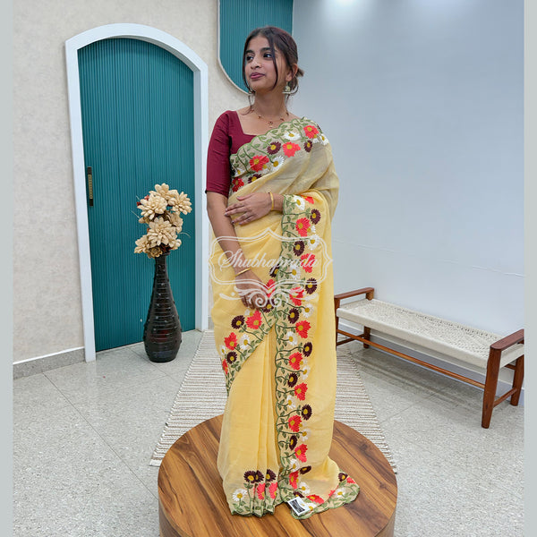 Beautiful Yellow Crush Paper Silk Organza with Floral Embroidery Border Saree
