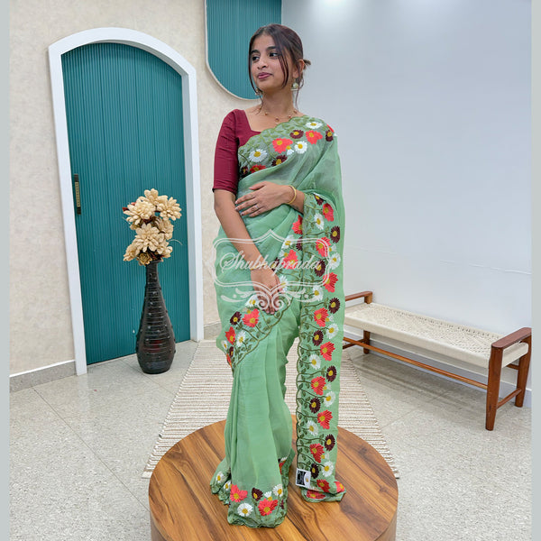 Beautiful Peppermint Green Crush Paper Silk Organza with Floral Embroidery Border Saree