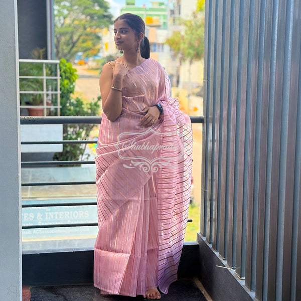 Beautiful Pink Organza Saree with Golden Zari Vertical Lines Woven All Over the Saree