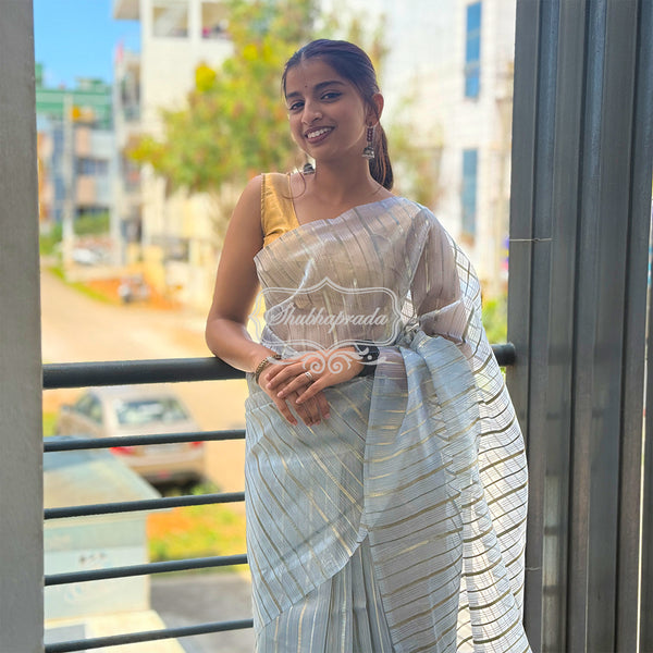 Beautiful Grey Organza Saree with Golden Zari Vertical Lines Woven All Over the Saree