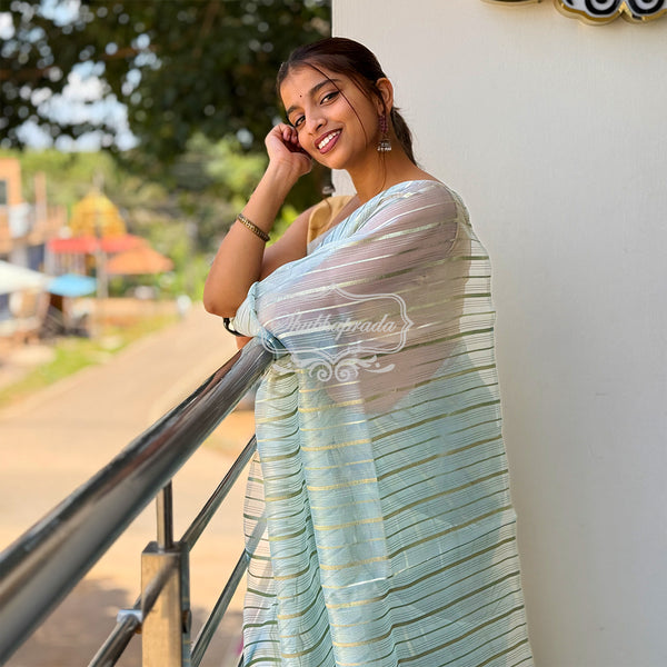 Beautiful Turquoise Green Organza Saree with Golden Zari Vertical Lines Woven All Over the Saree