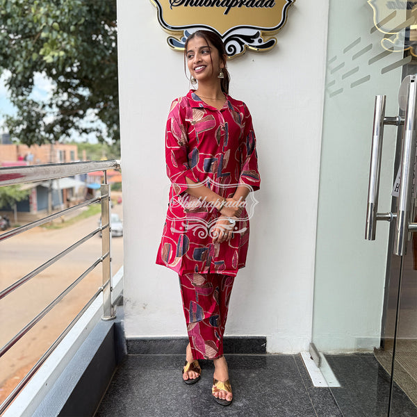 Multicolor Floral Design Bright Red Rayon Co-ord Set