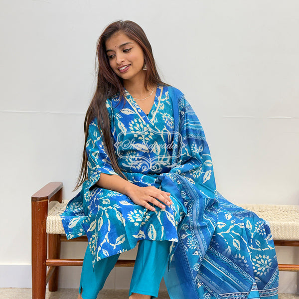 Multi Blue Shaded White Floral Design Cotton Suit Set