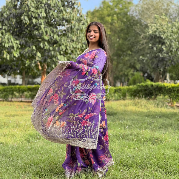 Purple Floral Design Embroidery Border Chanderi Saree