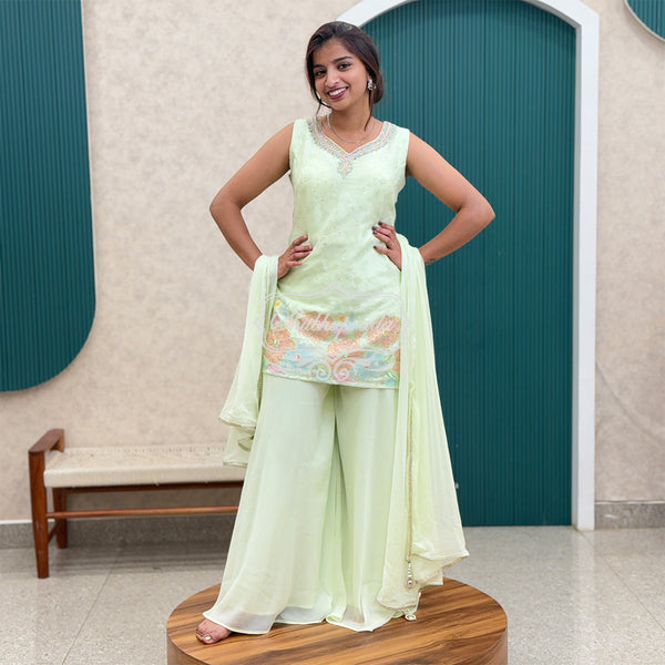 Pista Green Floral Design Beads Work Indo Westren Dress