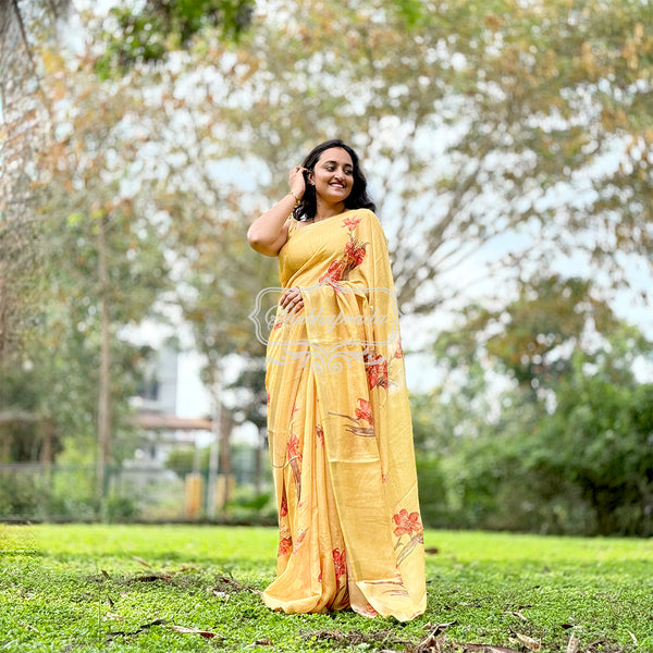 Yellow Premium Kota Shimmer Floral Design Saree