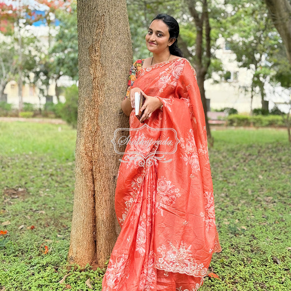 Orange Premium Paper Silk Floral Design Saree