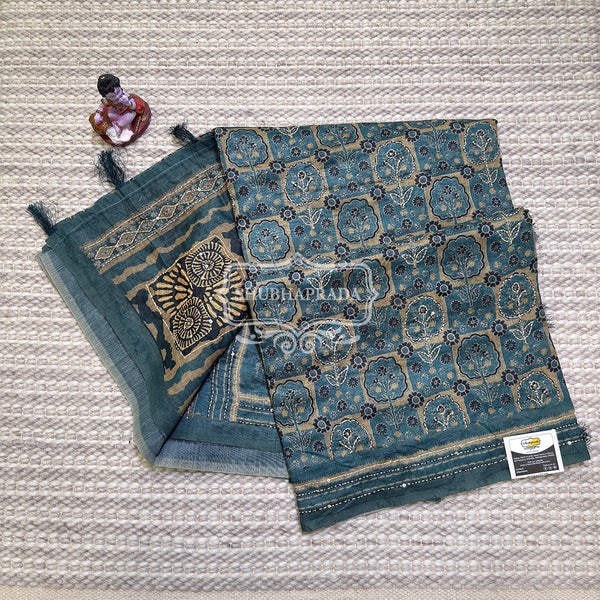 Teal Floral Print Chanderi Saree