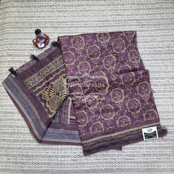 Dark Lavender Floral Print Chanderi Saree