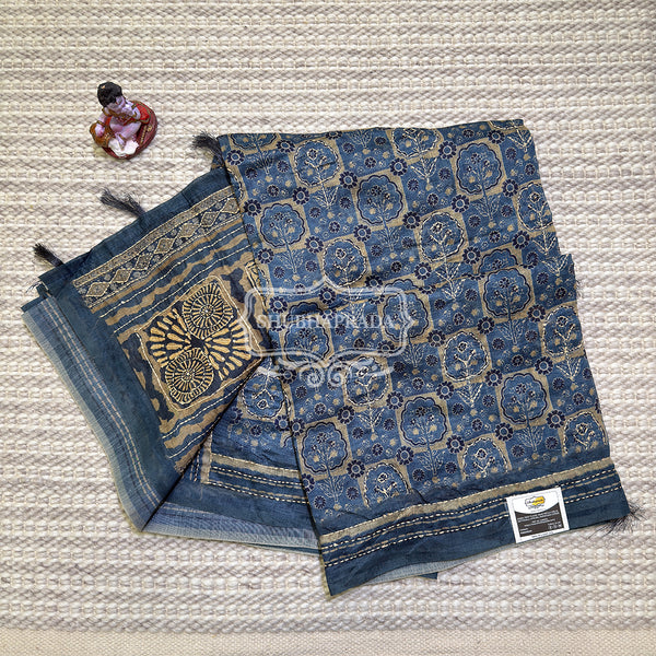 Navy Blue Floral Print Chanderi Saree