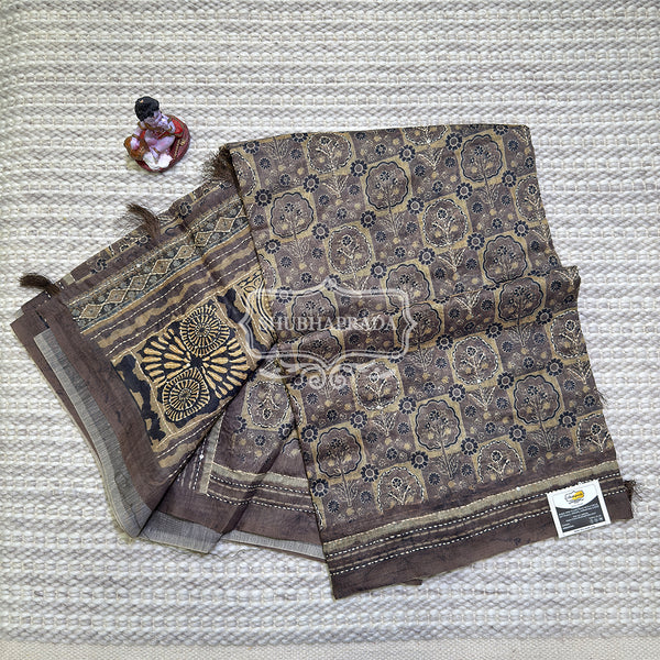 Light Brown Floral Print Chanderi Saree