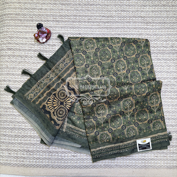 Bottle Green Floral Print Chanderi Saree