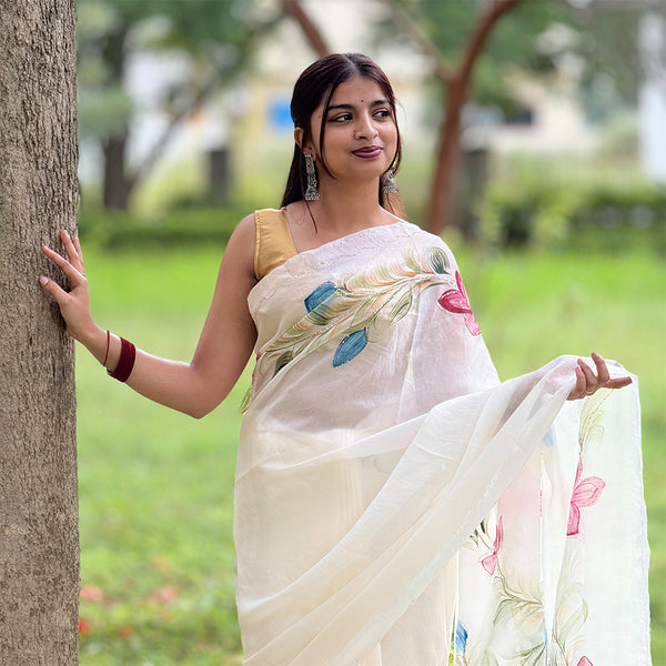 White Floral Premium Soft Organza Saree