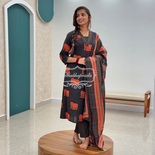 Elephant Design Elegant Black Cotton Suit Set