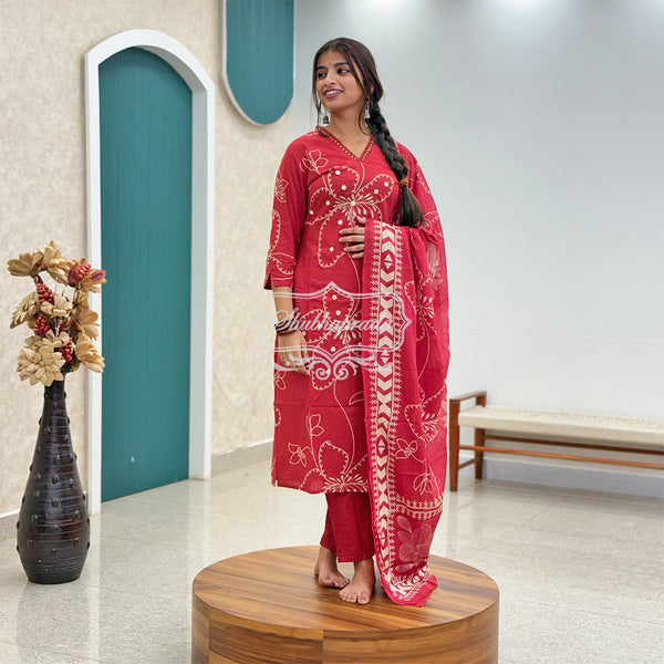 Floral Print with  Sequins Work Red Cotton Suit Set