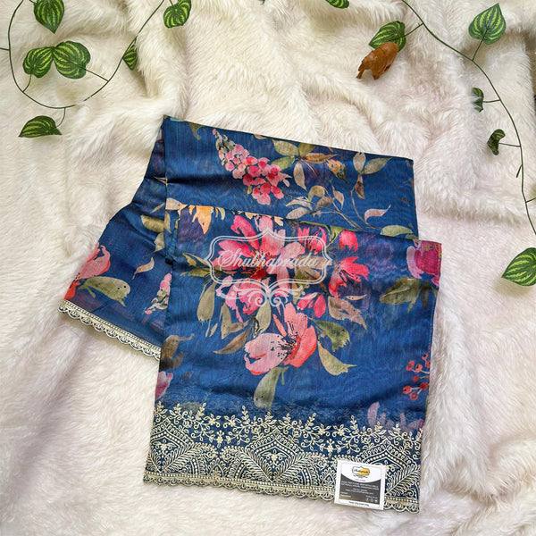 Rama Blue Floral Design Embroidery Border Chanderi Saree